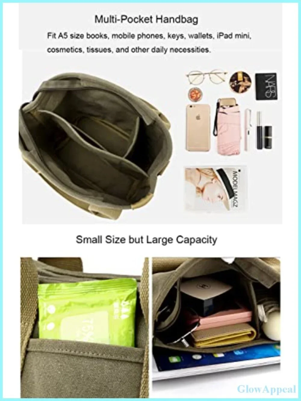 Canvas Tote Bag with Zipper Multi-Pockets Satchel Hobo for Travel Work
